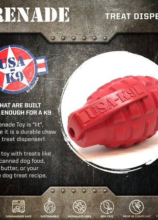 USA-K9 Grenade Shaped eDispenser Durable Dog Chew Toy & Treat Dispenser - Magnum Black