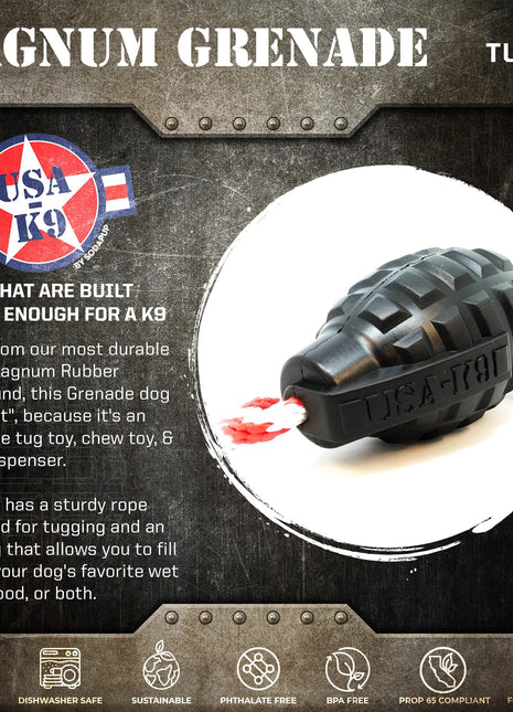 USA-K9 Magnum Grenade - Black Magnum Rubber Chew Toy for Extreme Chewers | USA Made