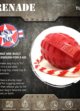 USA-K9 Grenade Shaped Rubber Dog Toy - Chew, Treat Dispenser & Tug Toy | USA - Army Green