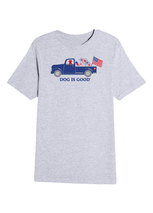 T-shirt: Dog is Good Patriotic Truck (Unisex, Grey)