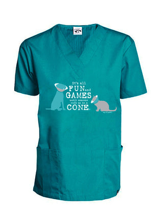 Scrub Top: It’s All Fun and Games Until Someone Ends Up in a Cone®, Cat/Dog (Teal)