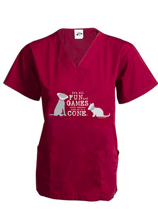 Scrub Top: It’s All Fun and Games Until Someone Ends Up in a Cone®, Cat/Dog (Wine)