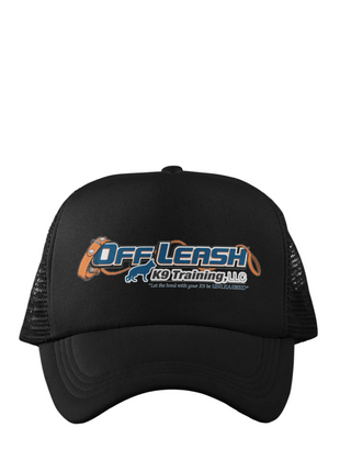Black cap with 'Off Leash K9 Training' logo on a white background
